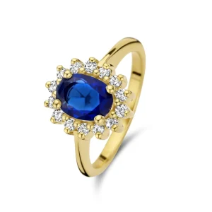 Mia Colore Azure 925 sterling zilver gold plated ring met blauwe zirkonia steen