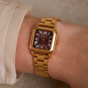 Orologio rechthoekig dameshorloge goudkleurig en bordeaux