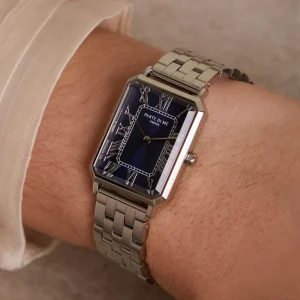 Orologio rechthoekig dameshorloge zilverkleurig en donkerblauw