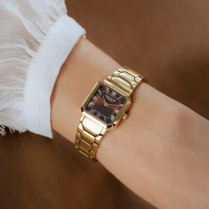 Orologio vierkant dameshorloge goudkleurig en donkerbruin